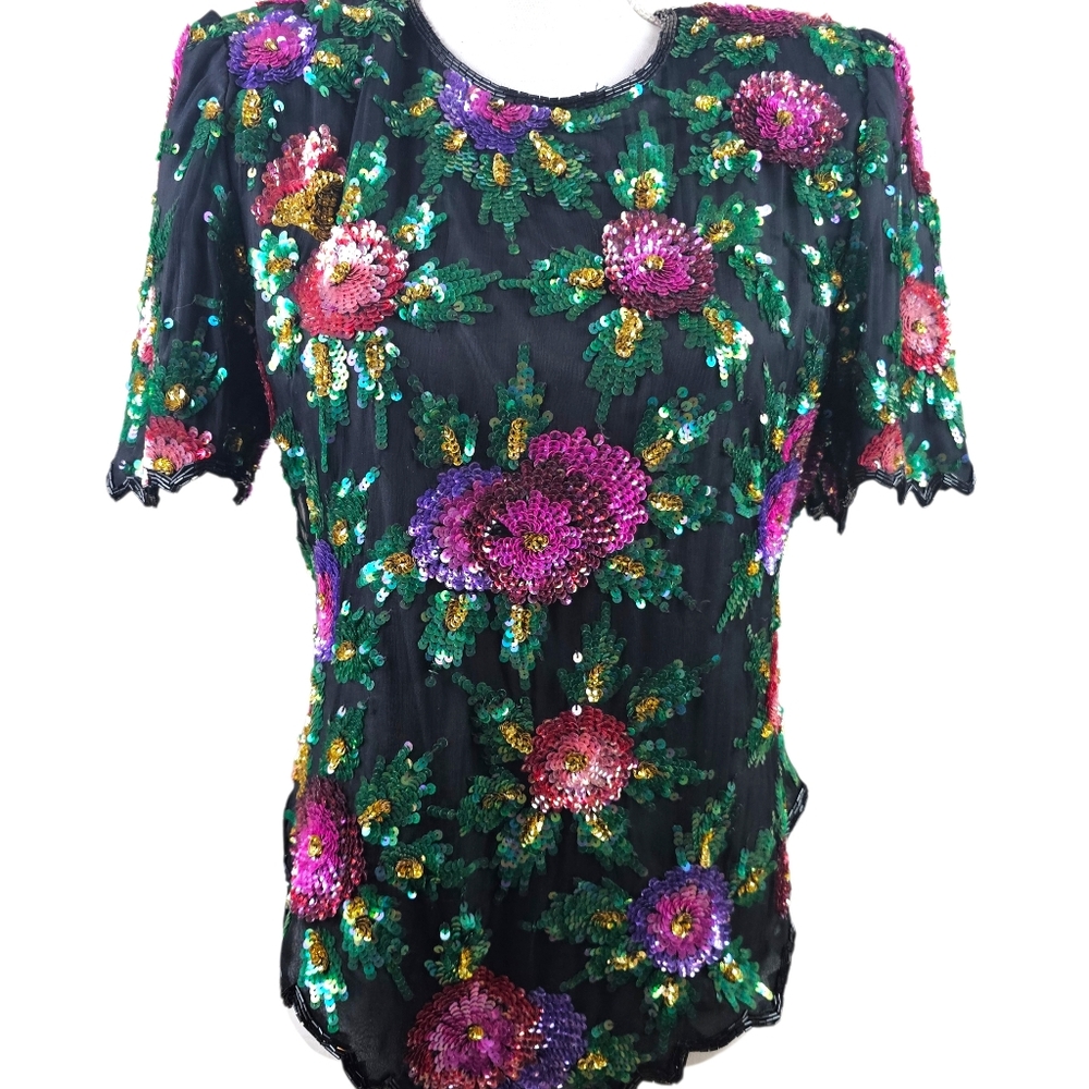 Laurence Kazar New York Vintage 80's Silk Sequined Beaded Cocktail Top In PM